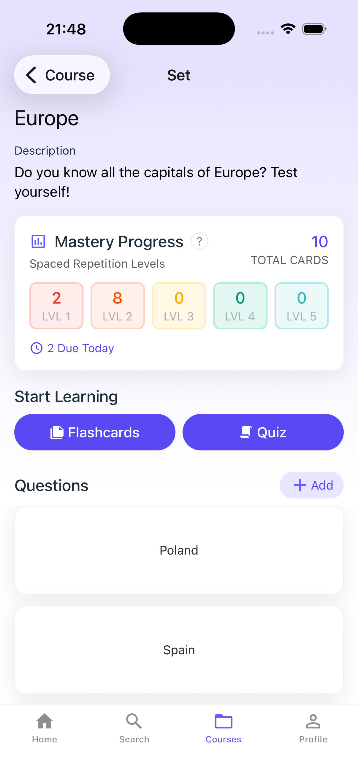 QuizTest course screen with spaced-repetition progress