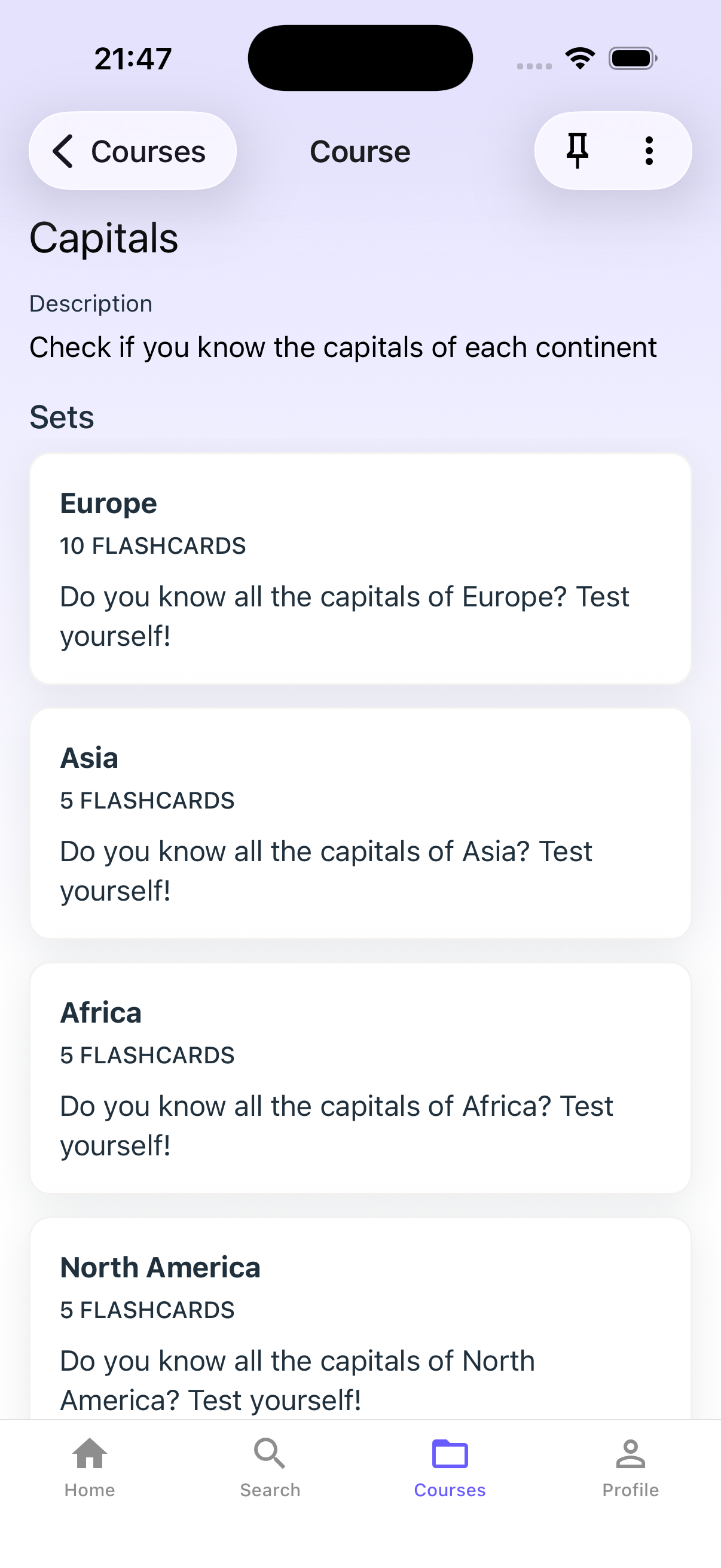 List of courses and study sets