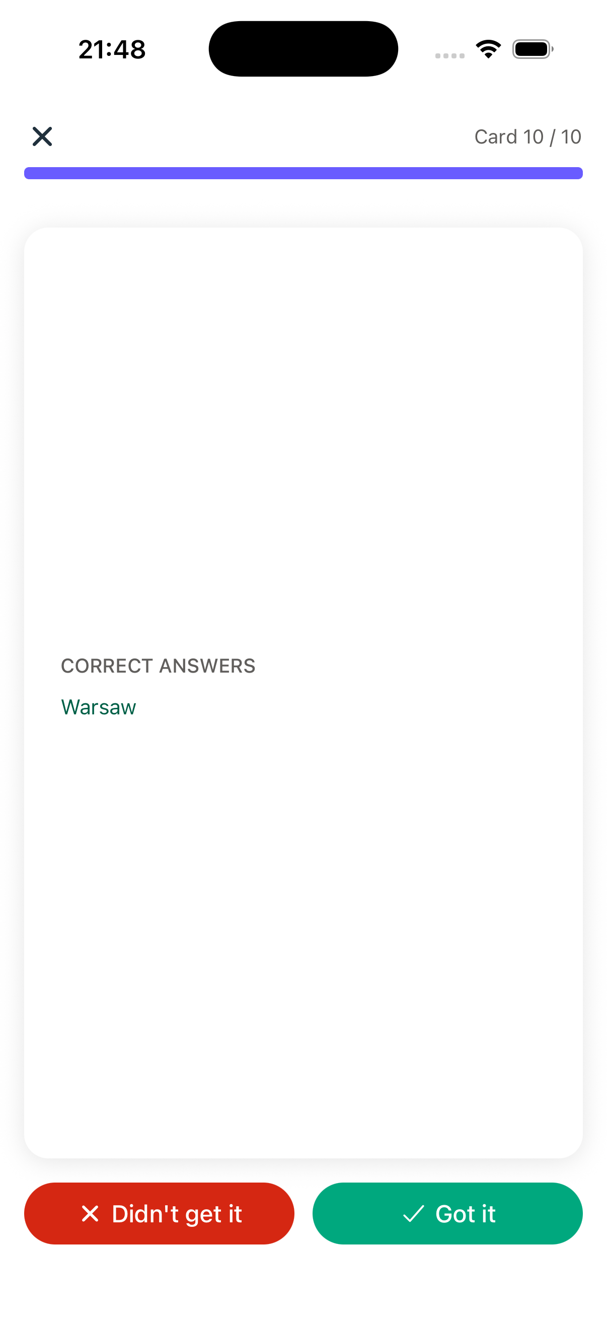 Flashcard review screen